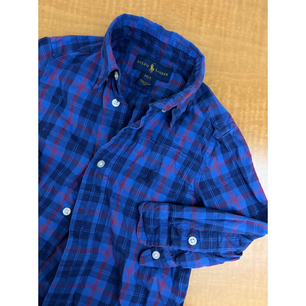 Ralph Lauren Toddler Boys Blue Red Plaid Button Down Shirt 2T Long Sleeve Pony